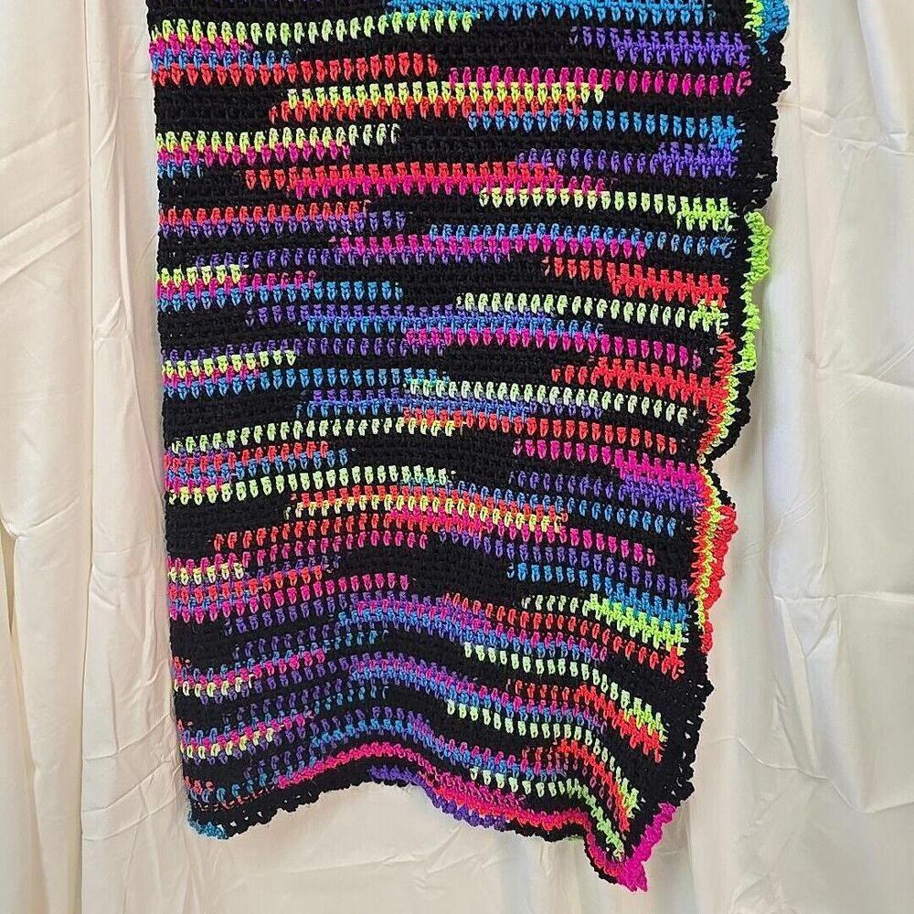 Handmade Afghan Neon Stripe Boho 80's Crochet Blanket, 55" X 49" - Picture 9 of 9